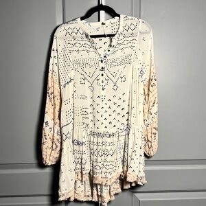 Free People Boho Tunic Dress Medium Cream Abstract Print Long Sleeve Viscose
